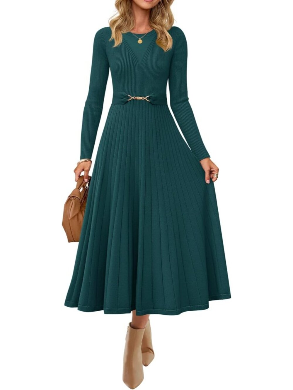 🆕Women's Teal Green Long Sleeve Crew Neck High Waist A line Midi Sweater Dress